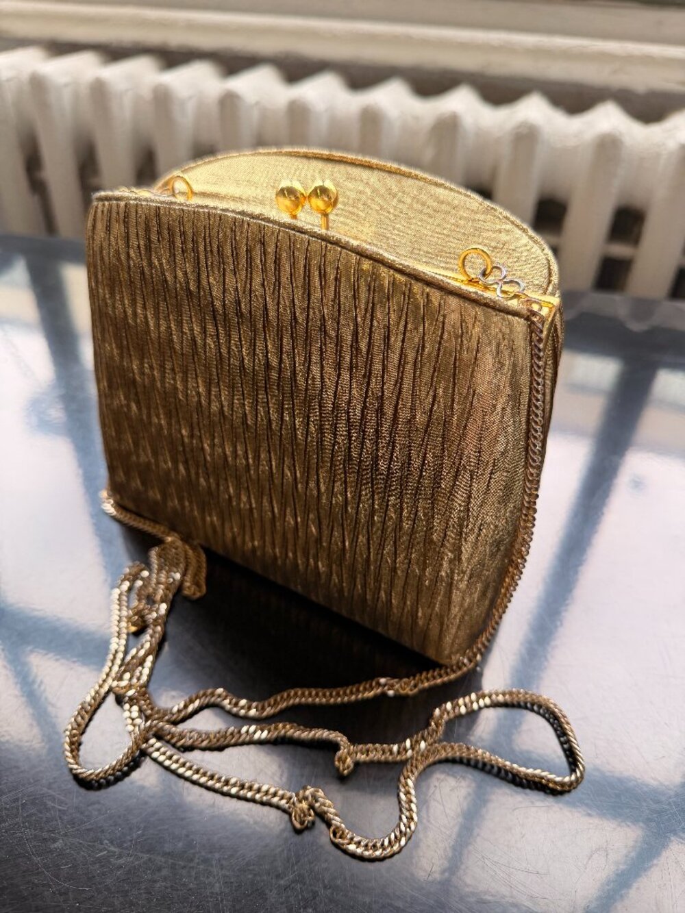 Vintage Gold Lame Pocketbook Purse 6" w Chain 1980s Dynasty